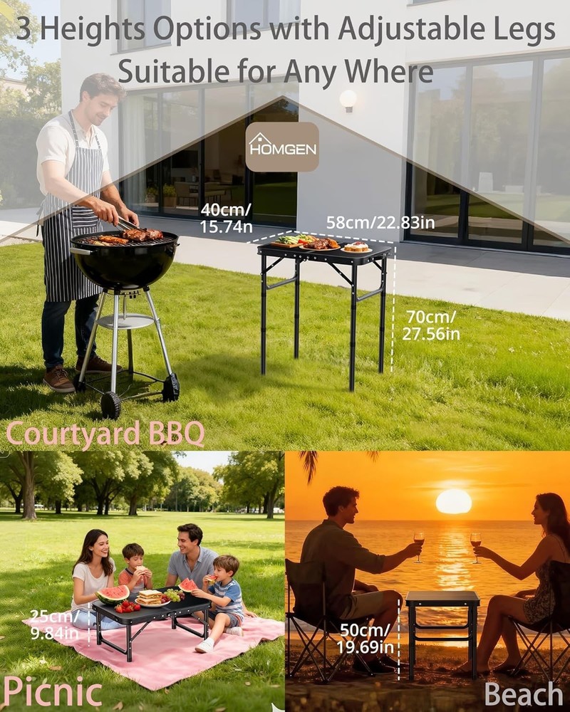Foldable Lightweight Camping Table - Adjustable Heights 10/20/30 Inch