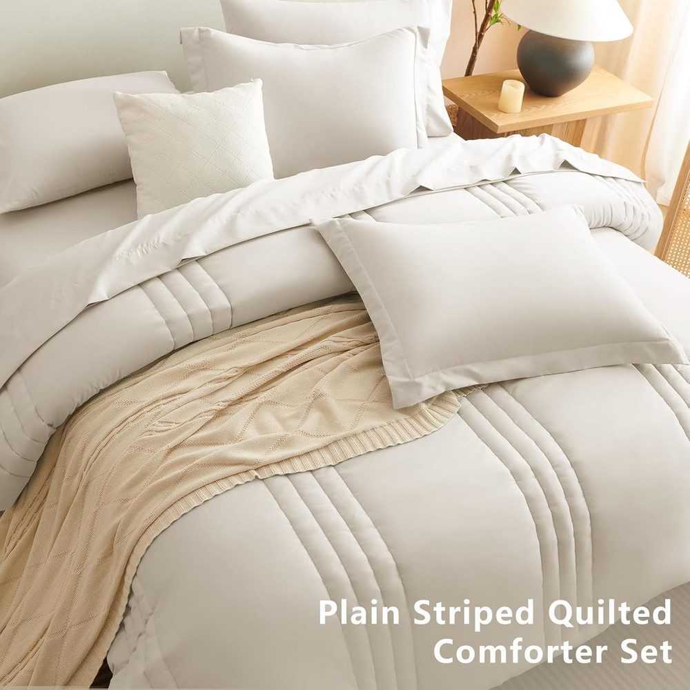 Queen Size Comforter Sets - 7 Piece Bed in a Bag Beige Comforter Set with Sheets