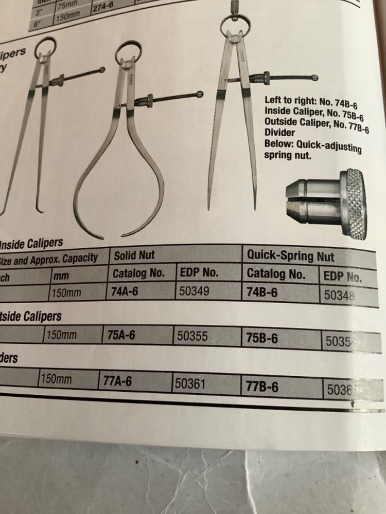 Starrett 74B-6 Fay Spring Type Inside Caliper, Quick Spring Nut 6"