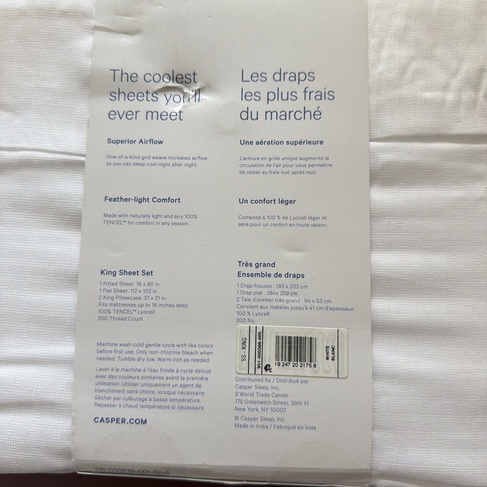 Casper Hyperlite Cooling Grid Weave 100% Lyocell WHITE 4pc KING Sheet Set NWT!