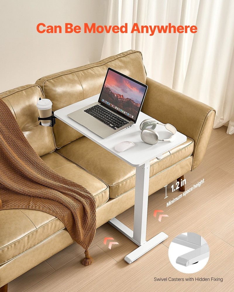 New/Overbed Table, Mobile Bed Side Table with 4 Hidden Wheels, Height Adjustable