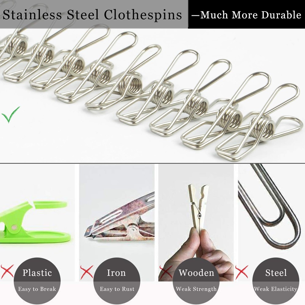 Wire Clothespins Laundry Chip Clips - 100 Pack Bulk Clothes Small, Silver