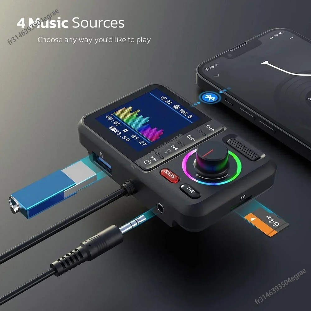 Wireless FM Transmitter with Big Color Screen 2.4A QC3.0 Dual USB Fast Charging