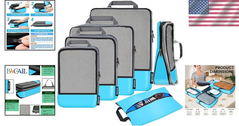 Organizational 6-Pack Compression Cubes - Lightweight Half Mesh Travel Solution