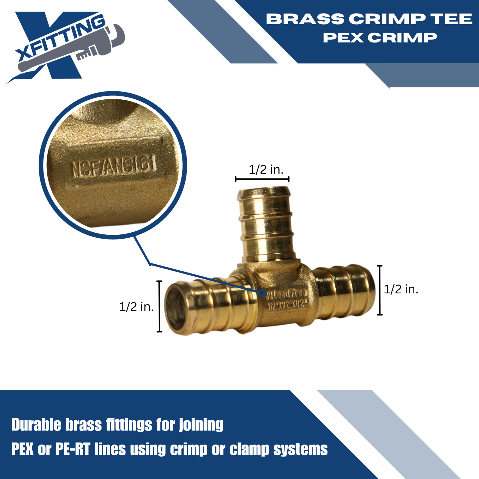 5 Pcs XFITTING 1/2" x 1/2" x 1/2" Pex Tee, Pex Barb Crimp Tee, Lead Free Brass