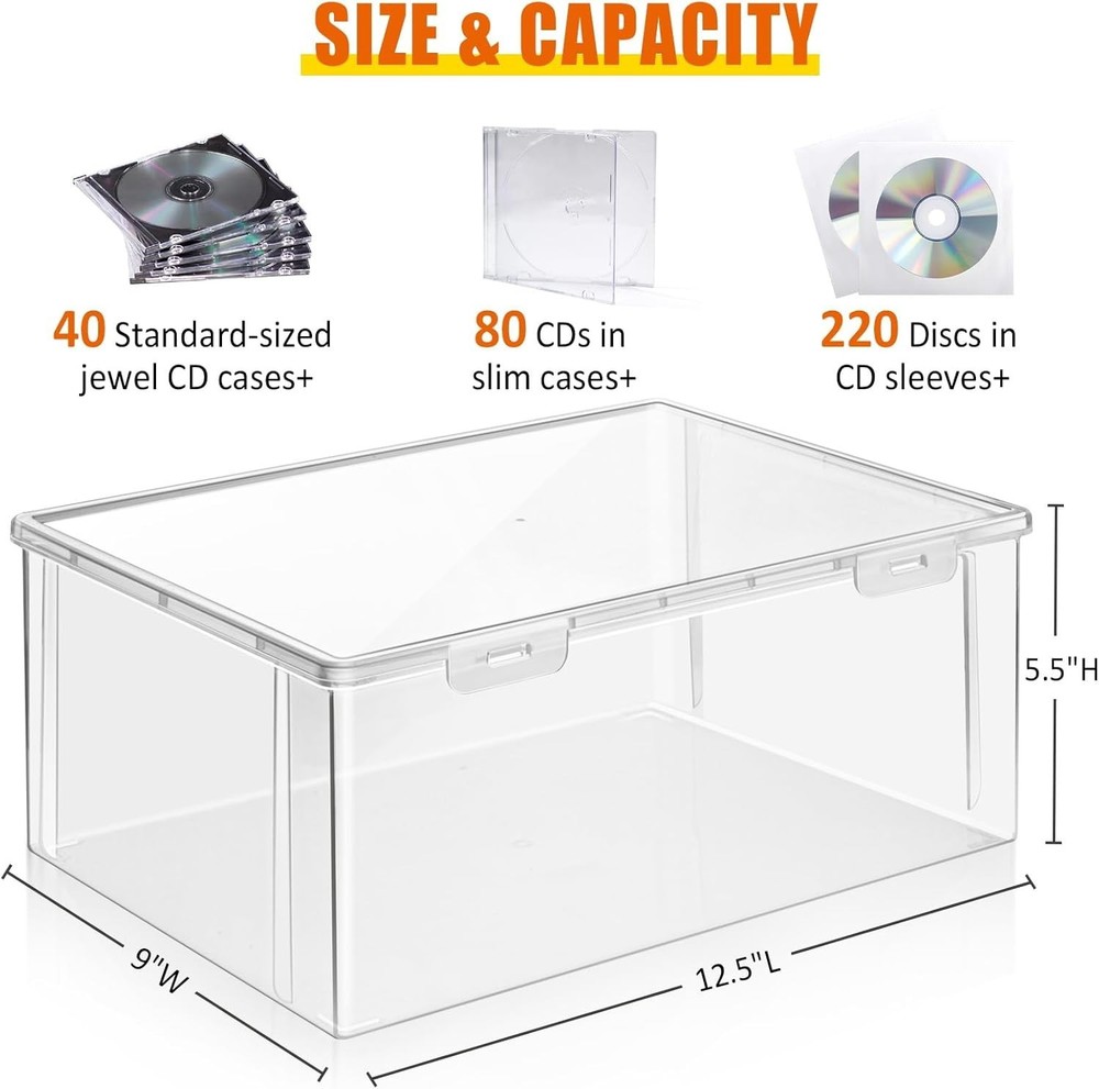 CD Storage Box, Stackable Clear Plastic CD Organizer