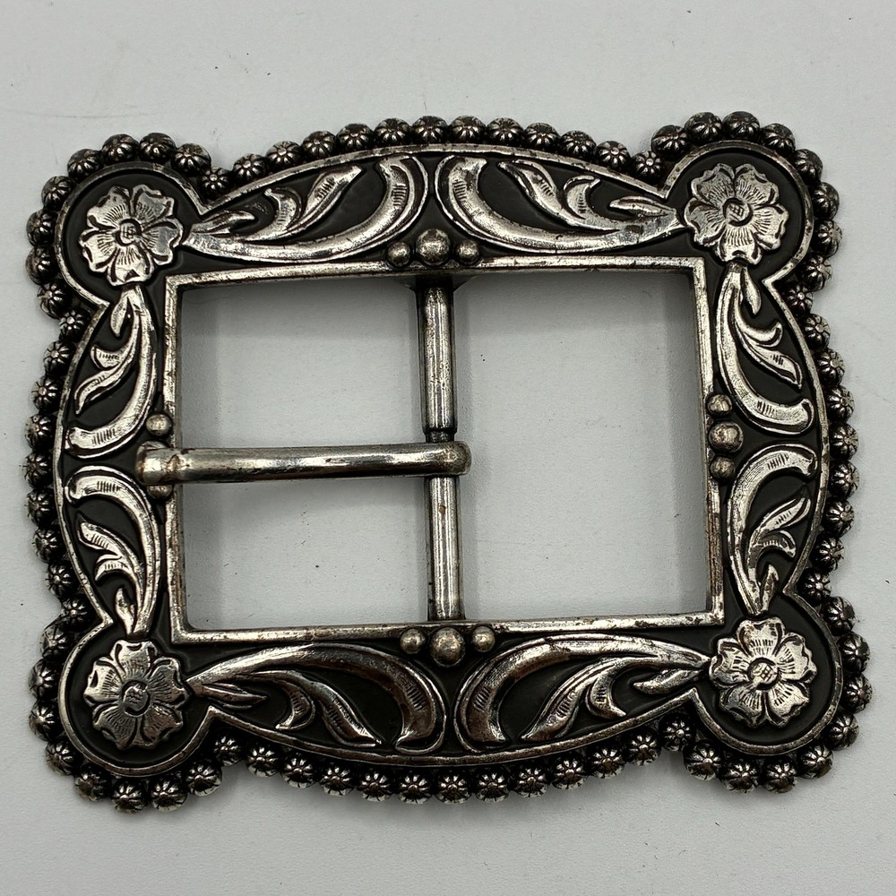 Vintage NOCONA BUCKLES Silverplate Western Floral Engraved Belt Buckle