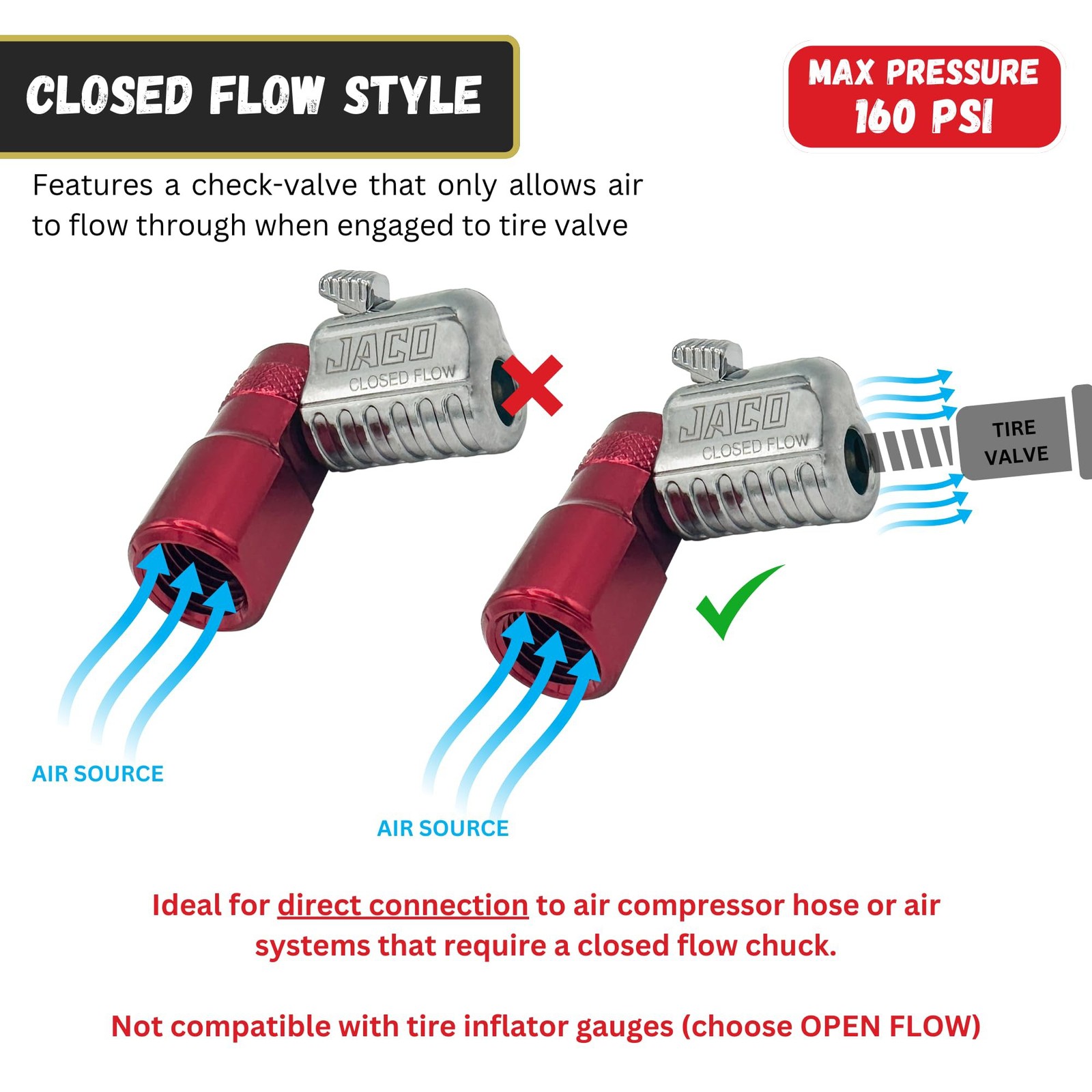 JACO Lightning L2-Series Tire Air Chuck - 1/4" F-NPT (Closed Flow)