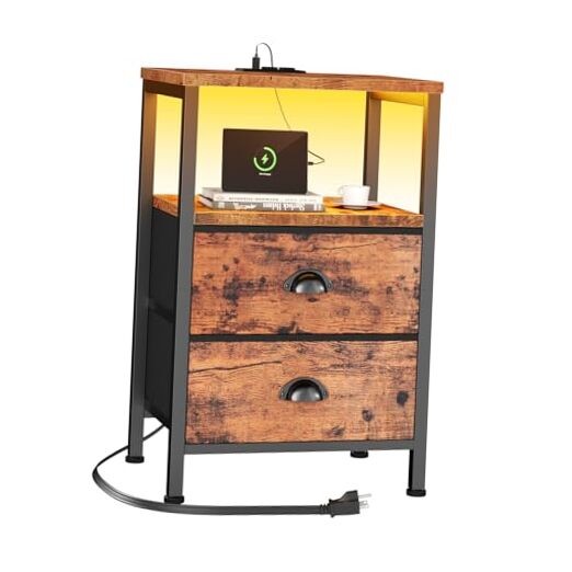 Nightstand with Charging Station, End Table 1 PC Rustic Brown drawer on bottom