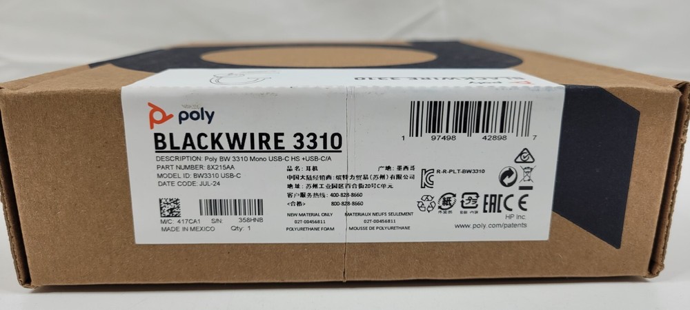 Poly Blackwire 3310 Monaural USB-C Headset Plus Adapter 8X215AA