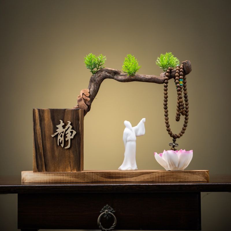 Zen Root Carving Pen Holder Buddha Study Decor Set Tea Table Display