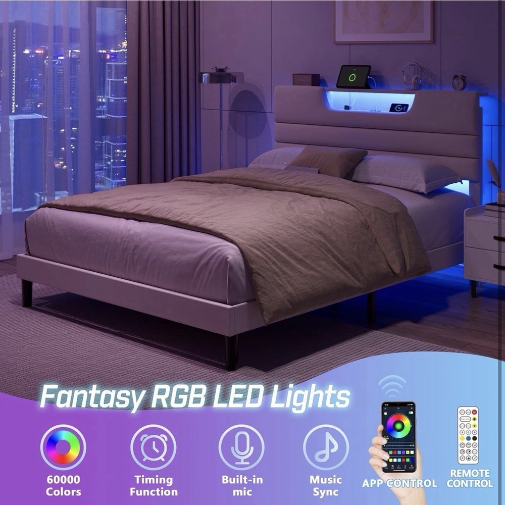 Queen Platform Bed Frame Beige LED Lights Charging Station Storage Headboard