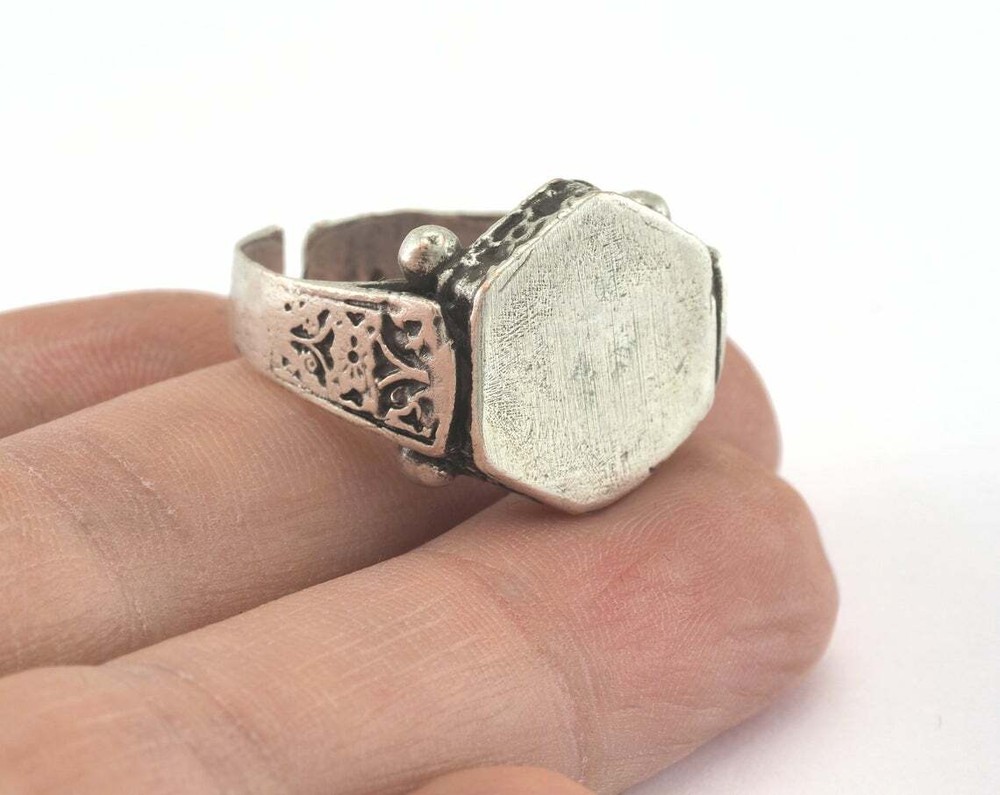 Hexagonal Adjustable Ring Base Antique Silver Blank Bezel 10US size Setting Pad