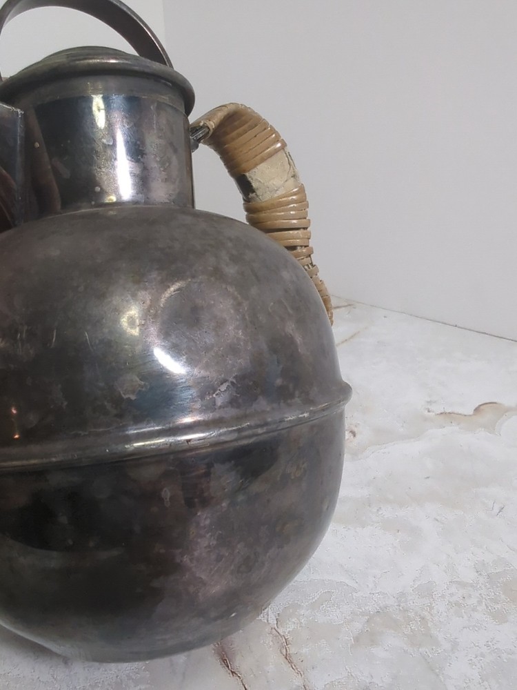 Vintage Sheffield Silver Plated Tea Pot Leaf tea strainer Bamboo Wrap Handle USA