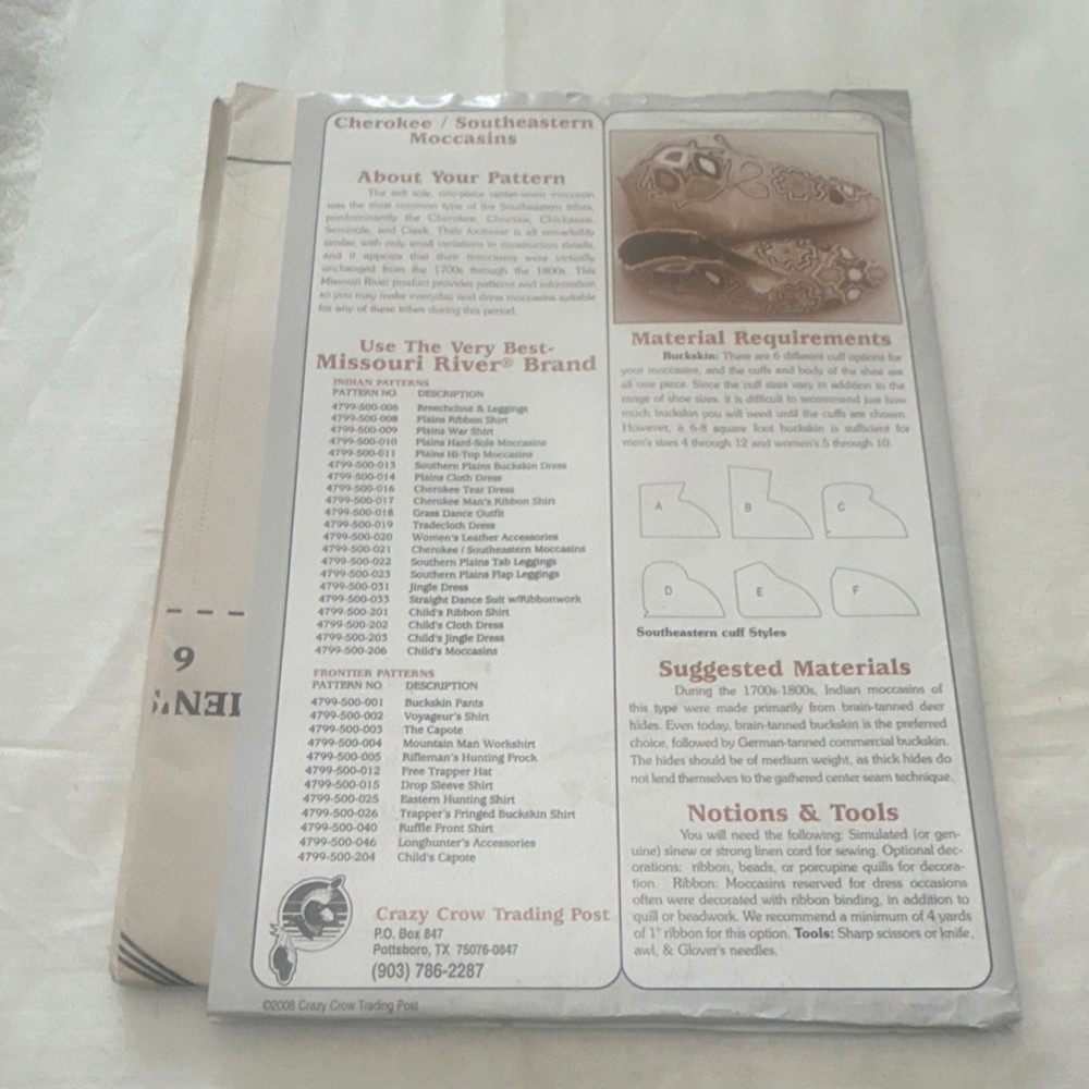 Missouri River Cherokee/Southeastern Moccasins Pattern Sheet