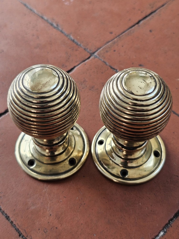 Antique original brass beehive mortice lock door knobs