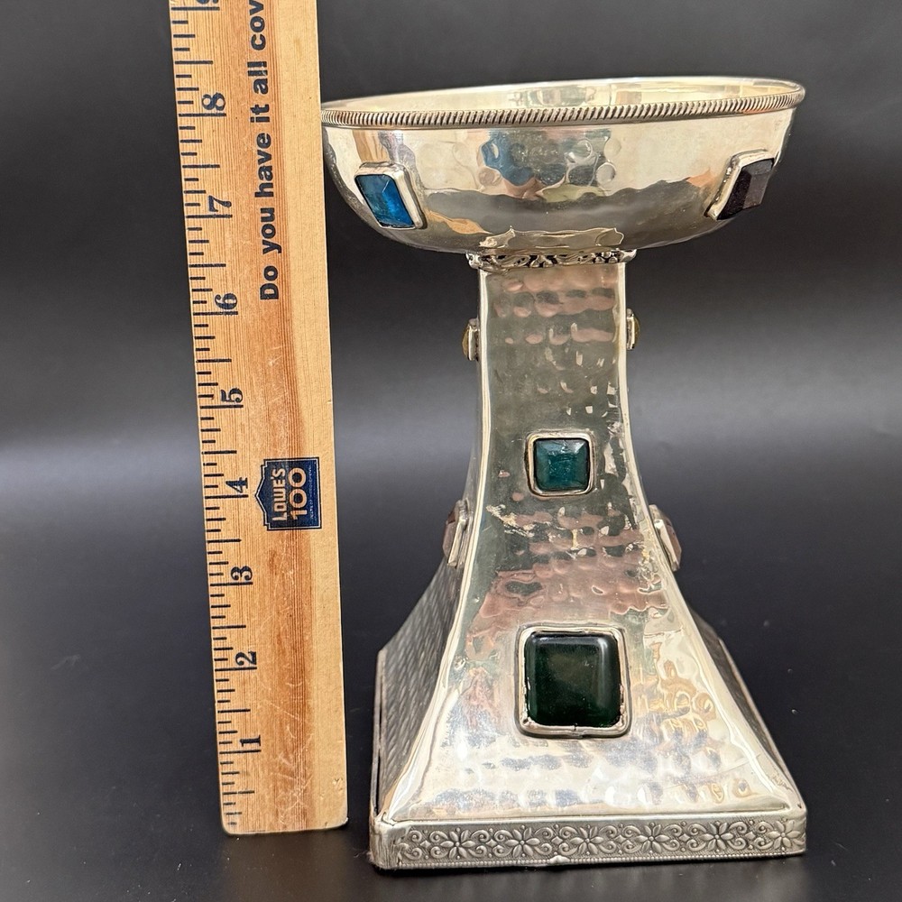 Vintage Hammered Silver Plated Bejeweled Cabochon Decorative 8” Candle Holder