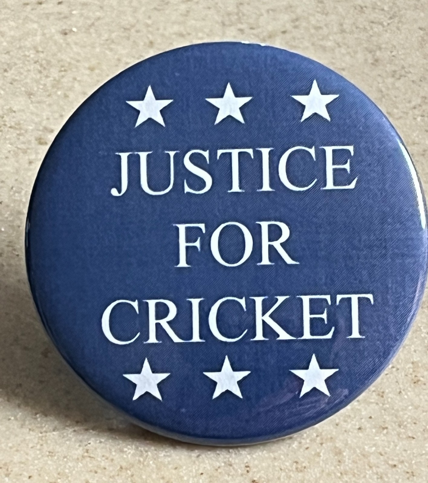 Justice For Cricket Pin-Back Button. 2 1/4 inches. SHIPS FREE