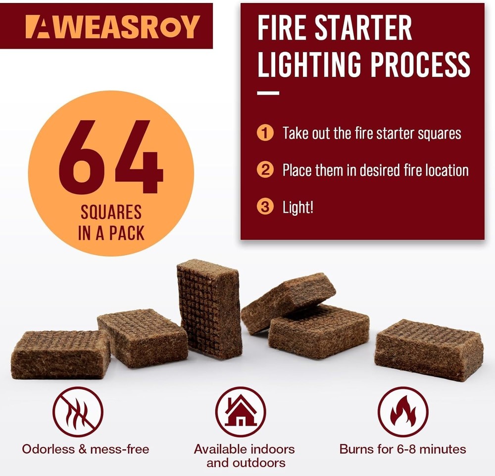 64 Safe Fire Starter Blocks - Easy, Odorless Fire Ignition for Fireplace & Grill