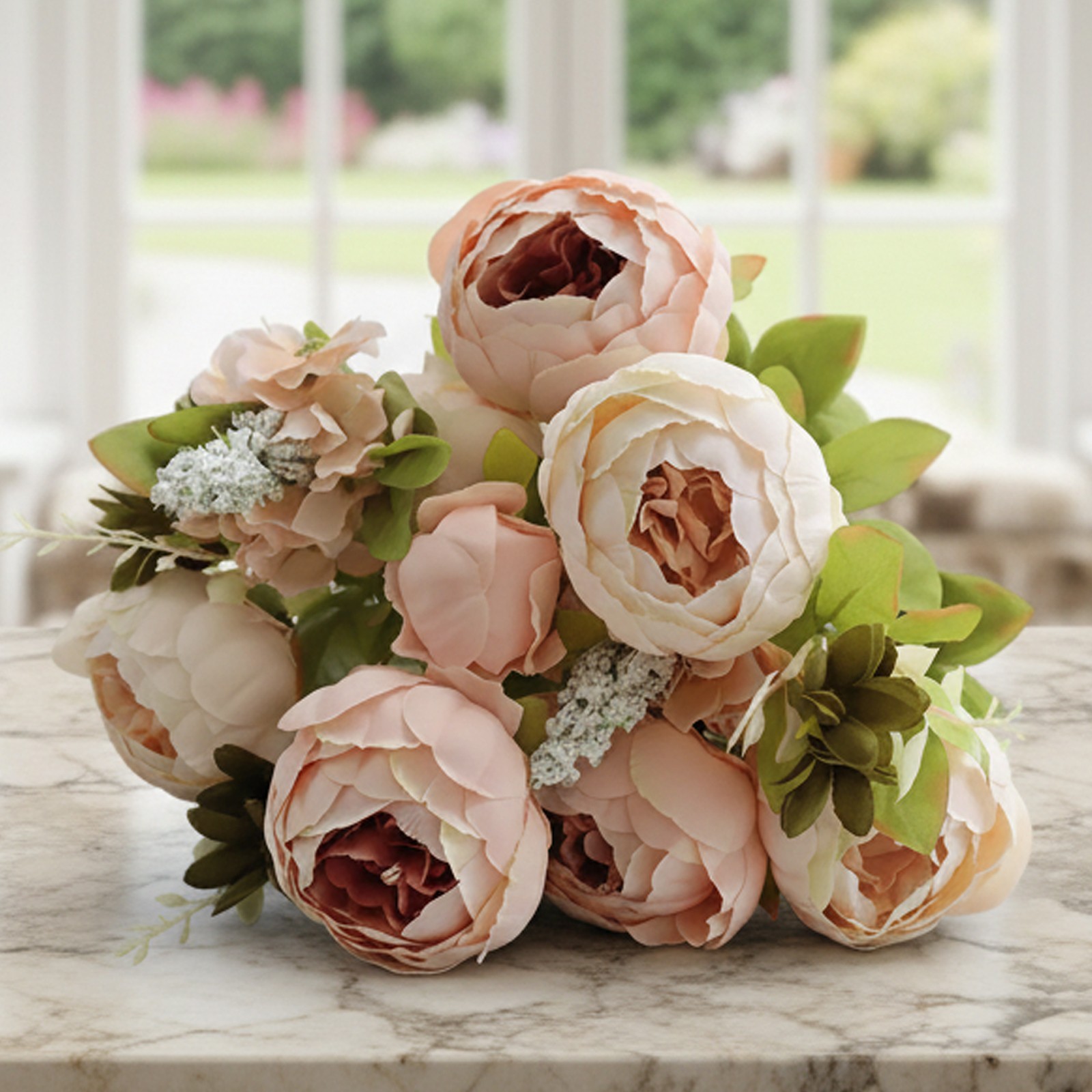 A bouquet of European-style faux peony silk flowers for home decor