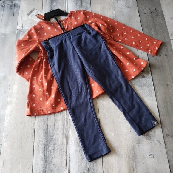 NWT - Lucky Brand 2 Piece Burnt Orange Floral Top with Denim Looking Leggings 3T