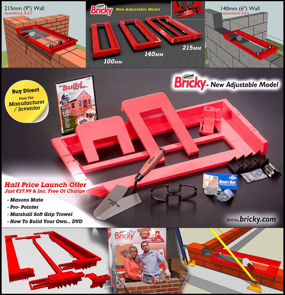 Bricky - Wall Building / Bricklaying Tool + trowel (Adjustable Model)