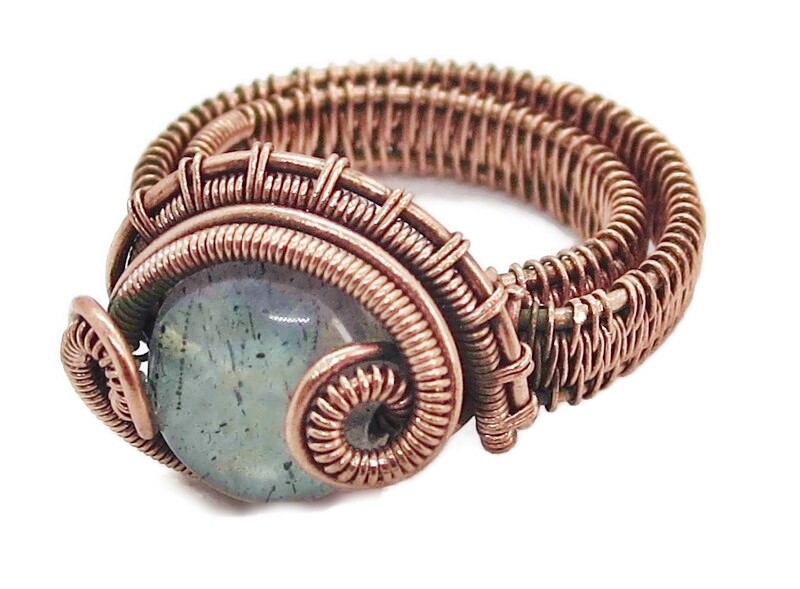 Adjustable Labradorite Wire-Wrapped Ring in Copper