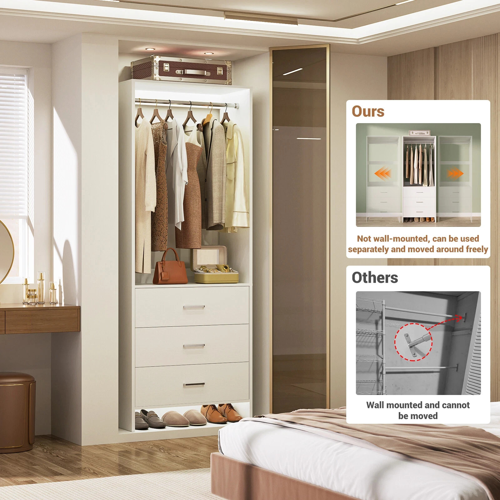 2FT Closet System with 3 Drawers ＆ Hanging Rod, 24'' Small Wardrobe Clothes Rack