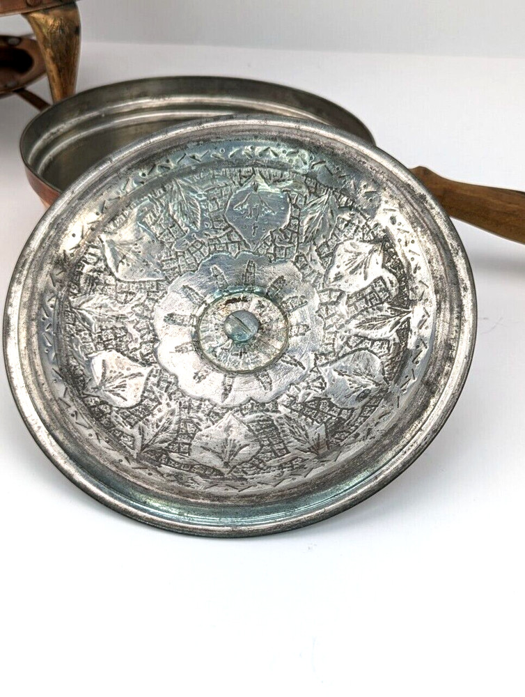 Antique Tinned Hammered Copper Chafing Dish Embossed Arabic / Islamic Maker Mark