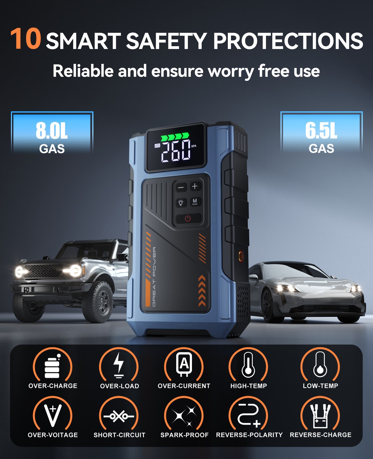 6000A Car Battery Charger Jump Starter with Air Compressor & Portable Power Bank