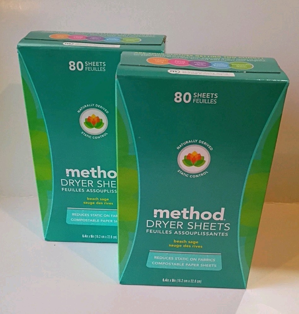 2x Method Dryer Sheets Scent: Beach Sage 80 Sheets Per Pack New