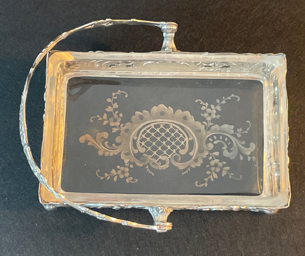 Germany Sterling Repousse Basket Etched Glass Insert Rectangular Swing Handle