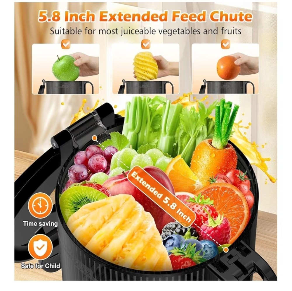 Electric Masticating Juicer Black Extended Feed Chute One Button Control