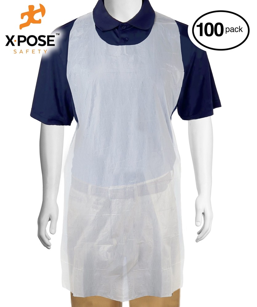 100 Disposable White Plastic/Poly Aprons Full Bib Embossed 24" x 42" Single Use