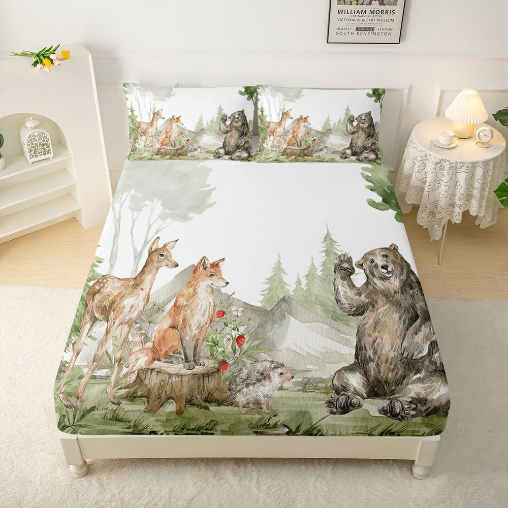 QOOMO Black Bear Watercolour Microfiber Flat Fitted Sheets Set for Children C...