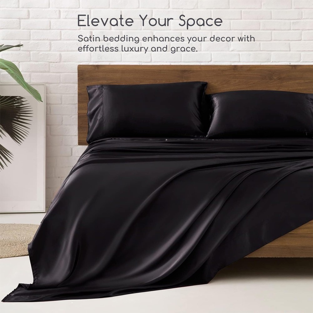 MR&HM Satin Bed Sheets, Queen Size Sheets Set, 4 Pcs Silky Bedding Set with E...