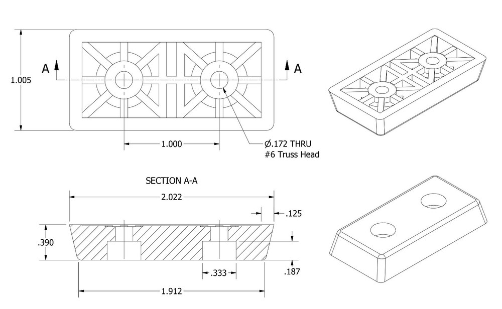 4 Medium Rectangular Rubber Feet Bumper w/Metal Insert & Screws - US Made