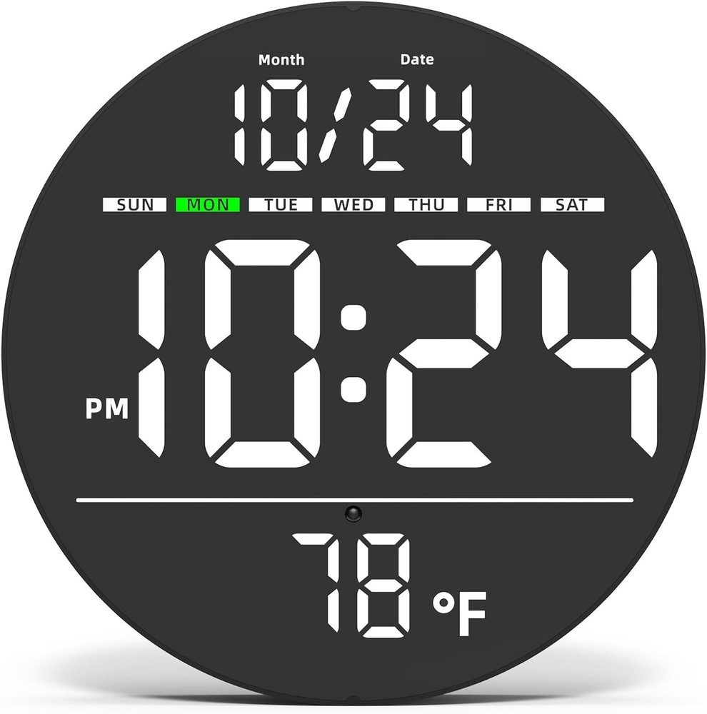 Digital LED Wall Clock w/ Large Display, Date, Temp, Auto-Brightness - 80 Charac