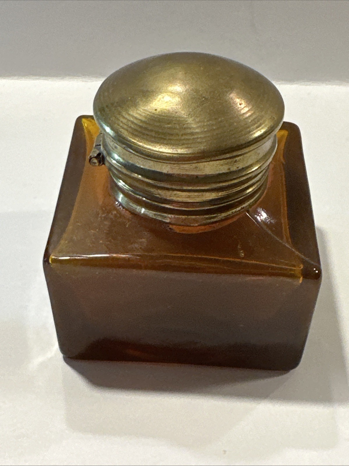 Vintage Amber Glass Inkwell with Brass Cap - Small Collectible Ink Pot