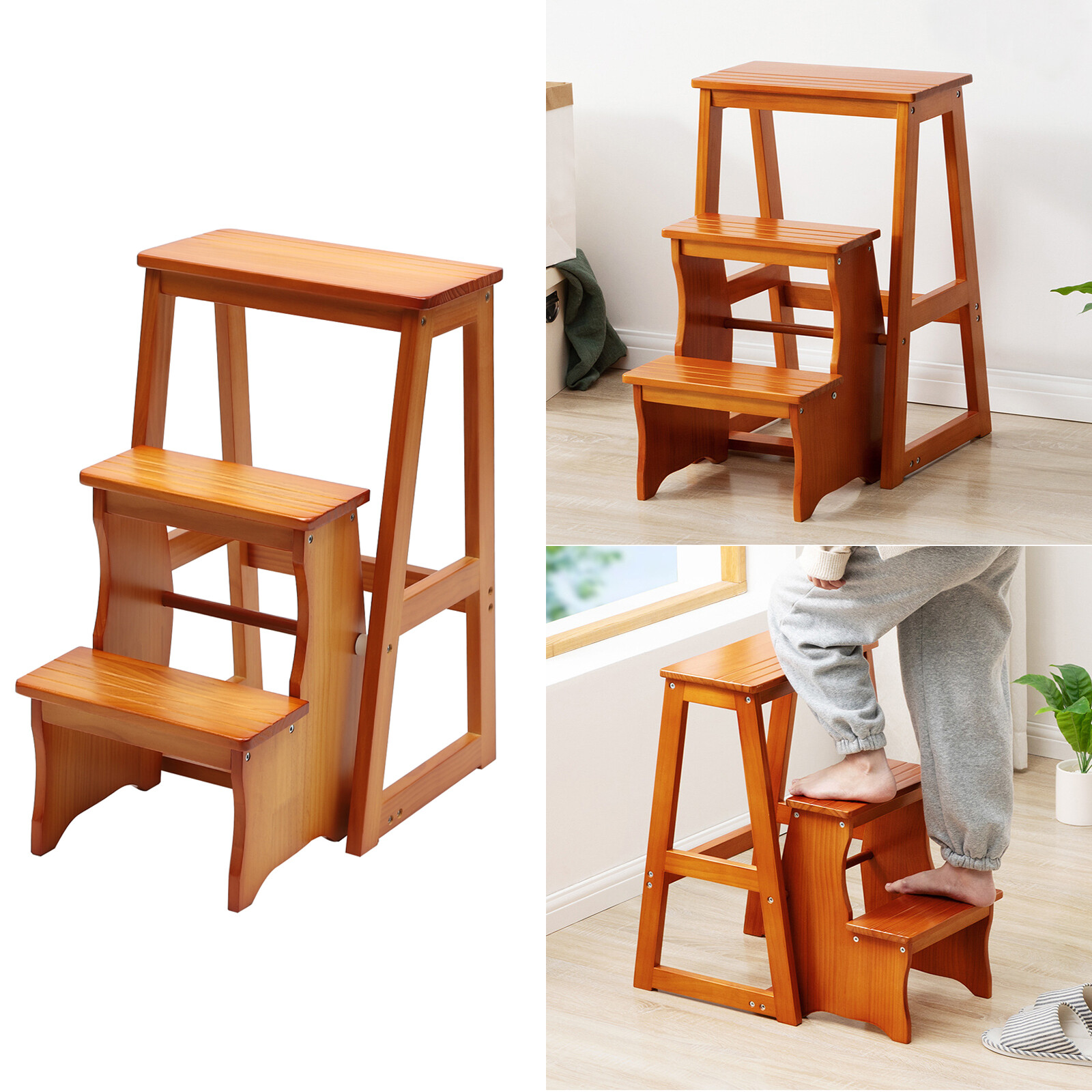 3-Step Folding Library Ladder Chair, Portable Multifunctional Step Stool