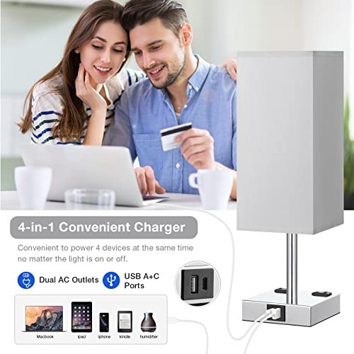 【Upgraded】Bedside Table Lamp Touch Control, with USB C+A 14.0in Gray & Silver