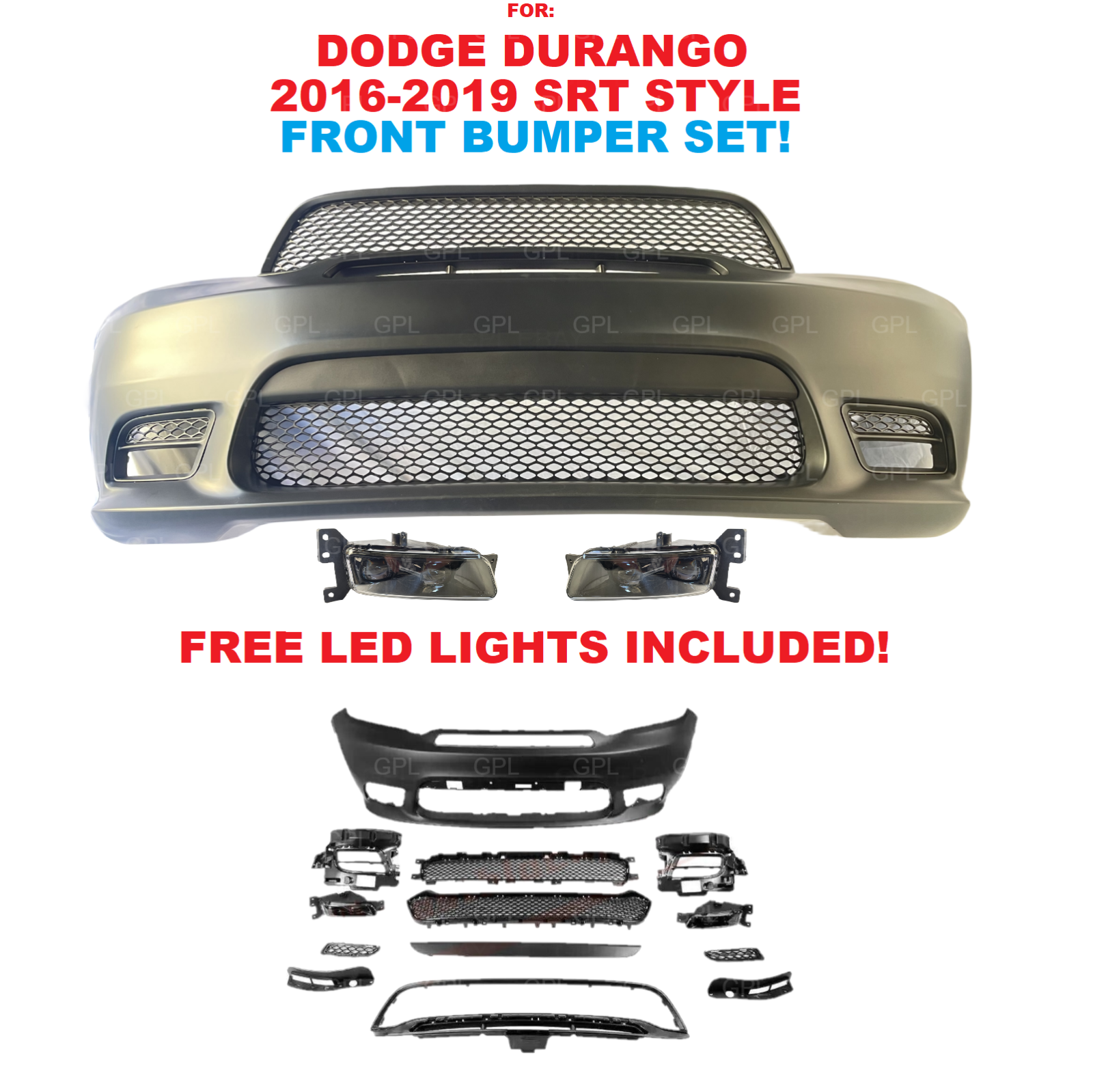 For Dodge Durango 2016-2020 SRT Style Front Bumper Cover Kit with LED Fog Lamps