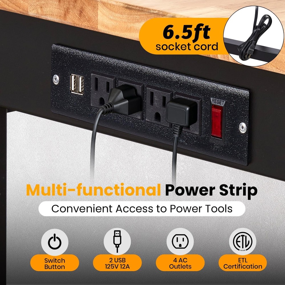 60" Adjustable Workbench 2000 Lbs Load Work Bench with Pegboard & Power Outlets
