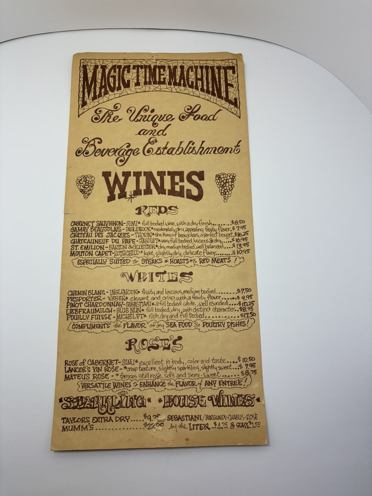 Vintage Magic Time Machine Restaurant Menu