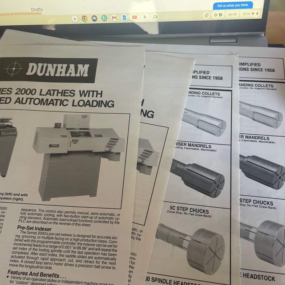 Dunham Series 2000 Lathes Patented Automatic Loading Bulletin