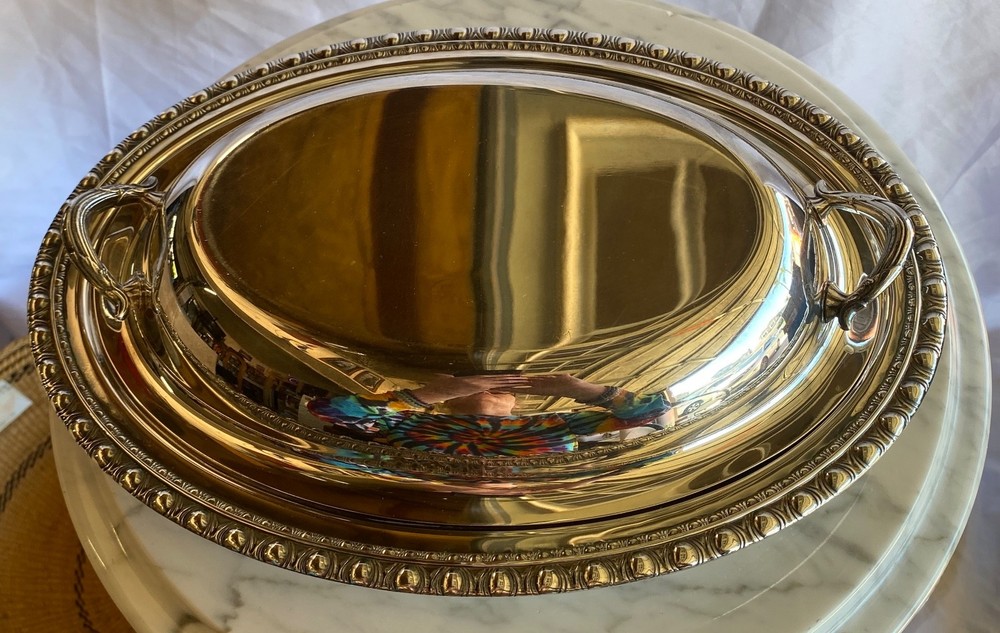 Oval Silverplate Covered Serving Dish Handles Beaded Edge