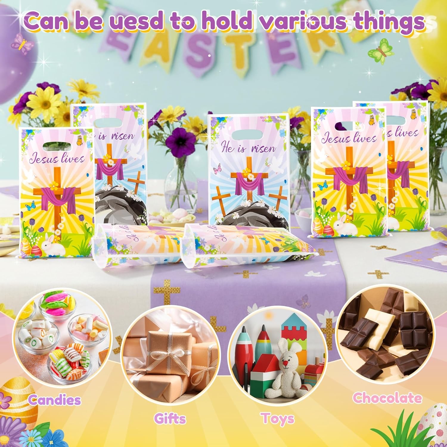 50Pcs Easter He is Risen Party Favor Bags Jesus Lives Religious Goodie Candy Tre