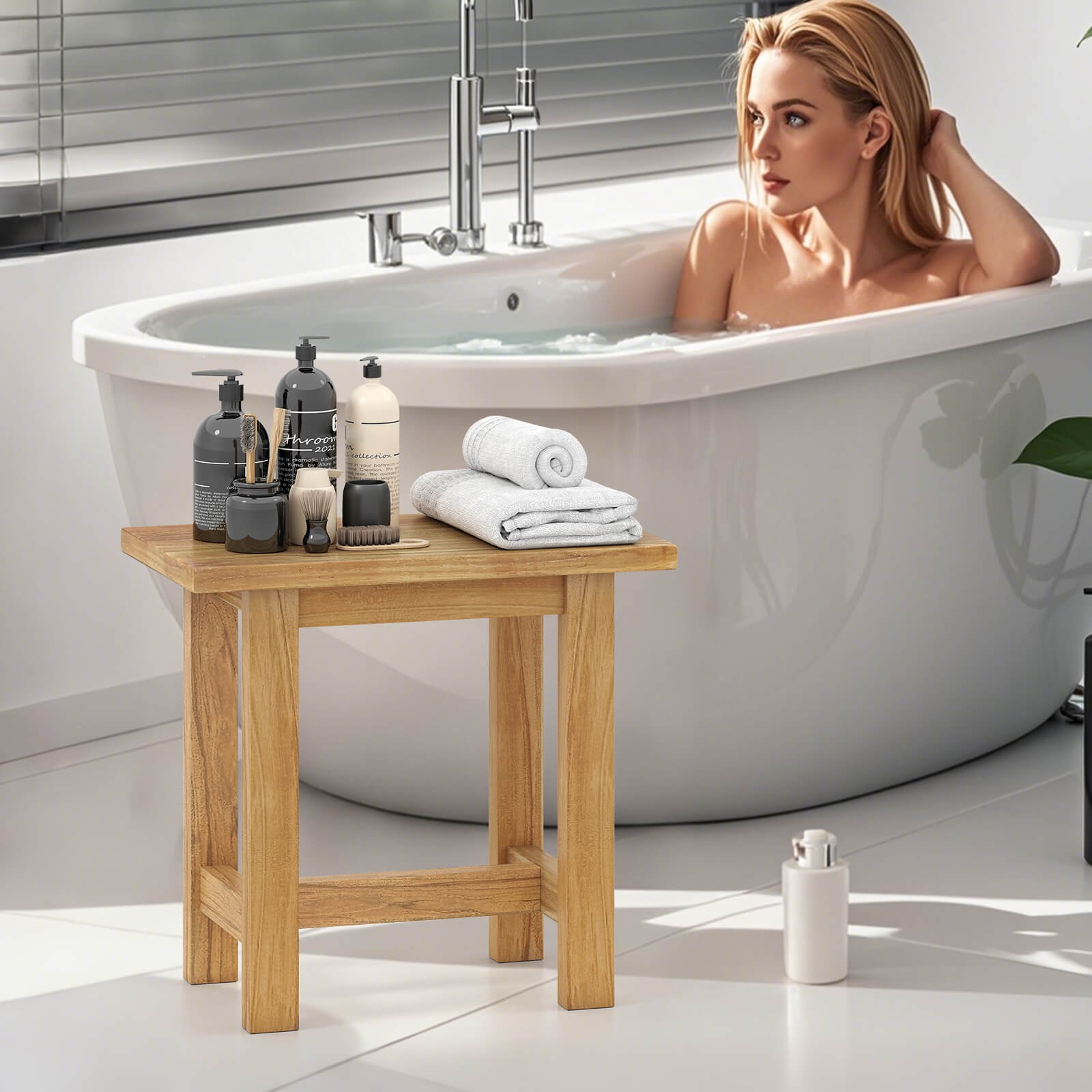 20” Teak Shower Bench Waterproof Shower Stool for Shaving Legs Indoor & Outdoor