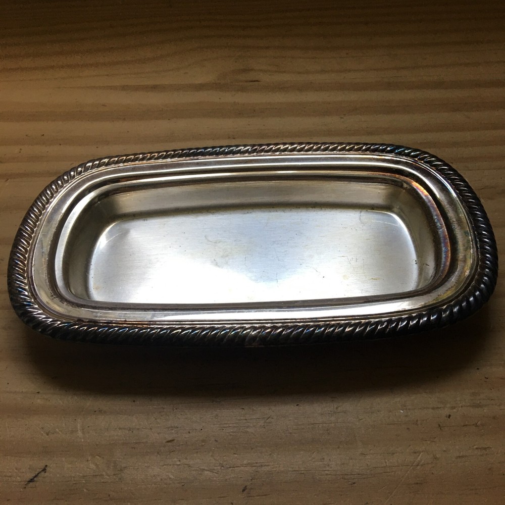 Vintage 1960s Silver plate Butter Dish Severing Dish W/ Rope Edge 8"L x4.5"W