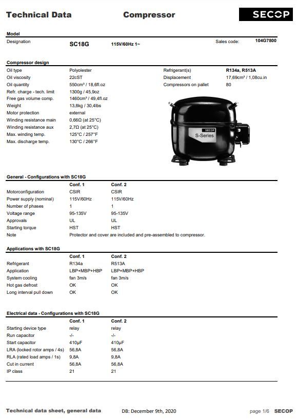 SC18G R134a Refrigeration Compressor 6291 BTU 115V 1/2+HP for True 938956 955148